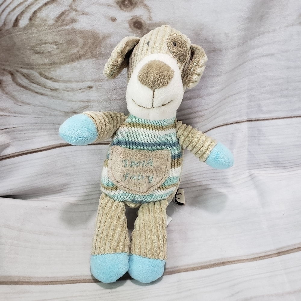 Maison Chic Tooth Fairy Dog 10.5" Plush Stuffed Animal Ribbed Knit Beige Blue